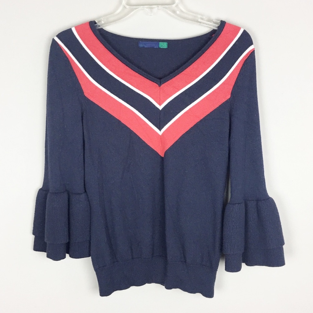 Ava | Navy V-Neck Striped Ruffle Top -K2